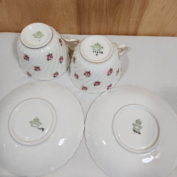 John Aynsley Hathaway Cup & Saucer bone china roses swirled edge England 2 sets - Picture 9 of 11
